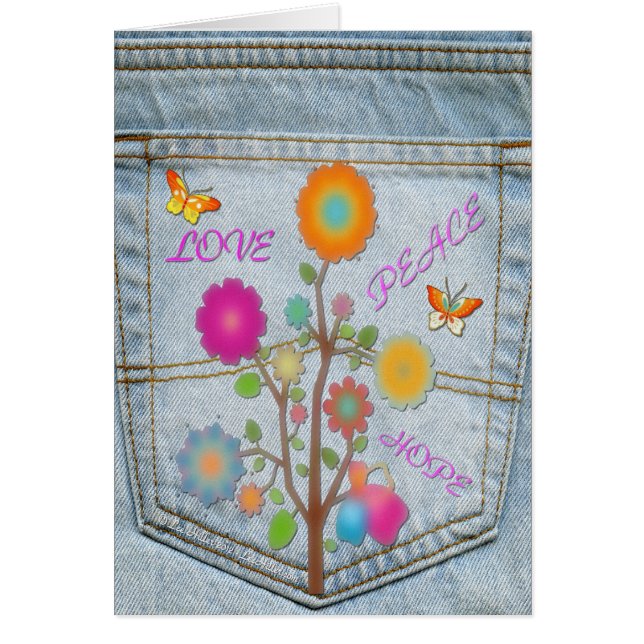 Denim Back Pocket Flowers Peace Love Hope (Frente)
