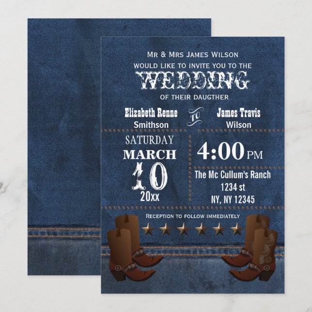 Denim Cowboy botas Estrellas Invitación de boda oc (Anverso / Reverso)