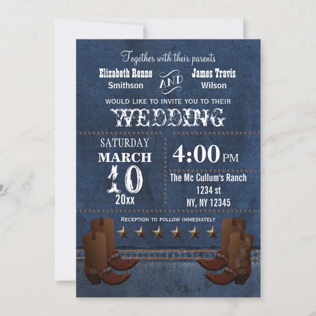 Denim Cowboy botas Estrellas Invitación de boda oc (Anverso)