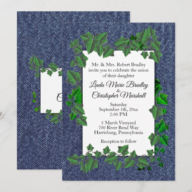 Denim de boda de país Invitación 5" x 7" (Anverso / Reverso)