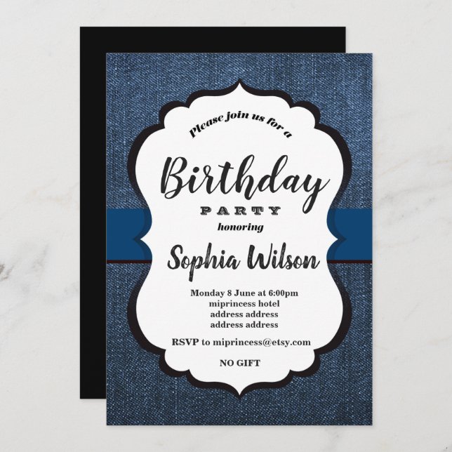 Denim Invitación , fiesta de cumpleaños (Anverso / Reverso)