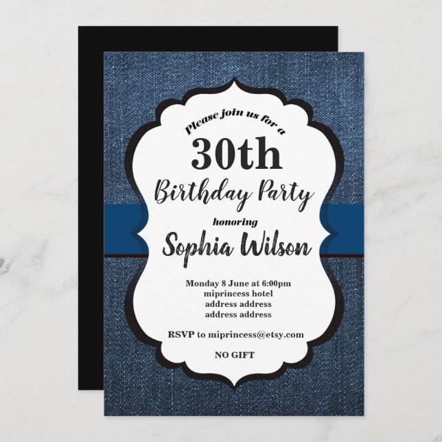Denim Invitación , fiesta de cumpleaños (Anverso / Reverso)