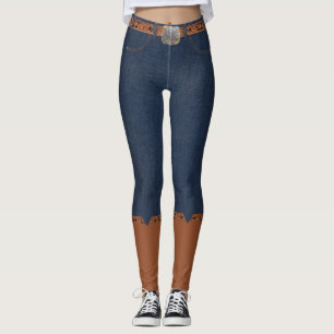 Denim Print Leggings Faux Belt Y Cowboy Boots