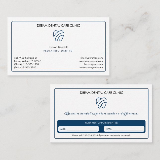 Dentista pediátrico | Tarjeta de cita elegante (Anverso / Reverso)