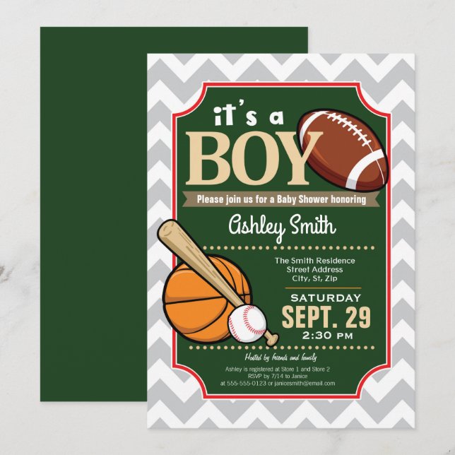 Deportes Baby Shower Invitación Boy (Anverso / Reverso)