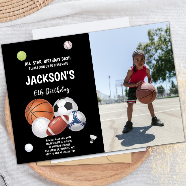 Deportes Bandejas Deportes Invitaciones de cumplea (Sports Balls Sports Birthday Invitations w photo)