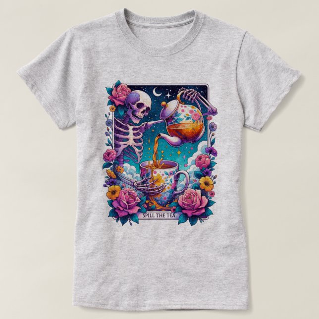 Derrame la camiseta de la tarjeta Tea Skeleton Tar (Diseño del anverso)