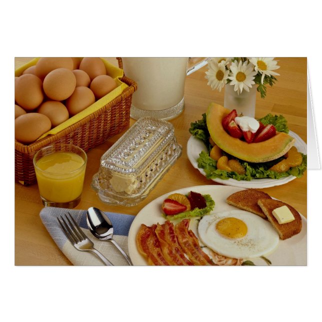 Desayuno de tocino, huevos y jarra de leche (Anverso (Horizontal))