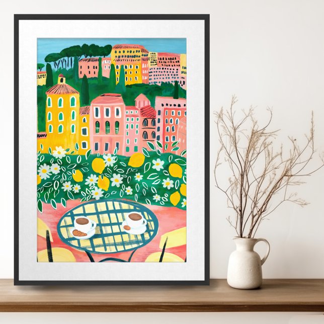Desayuno en la terraza Arte de pintura de una ciud (Breakfast on Terrace Europe Whimsical Cityscape Gouache Painting Wall Art Poster
)
