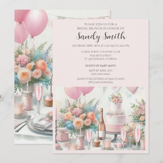 Desayuno nupcial con invitación rosa (Anverso / Reverso)