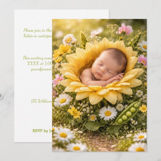 DESCARGA DIGITAL DE INVITACIÓN DE BEBÉ GIRASOL EN  (Anverso / Reverso)