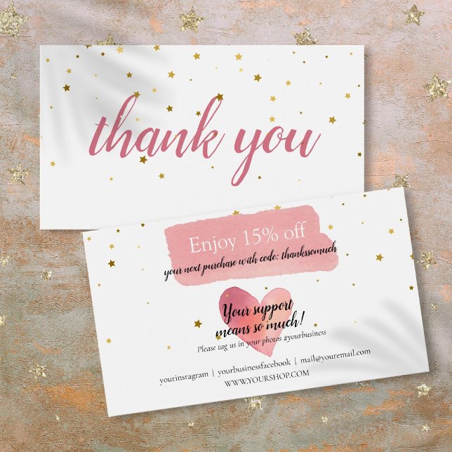 Descuento de agradecimiento de estrellas doradas e (Gold Stars Pink Watercolor Thank You Discount)