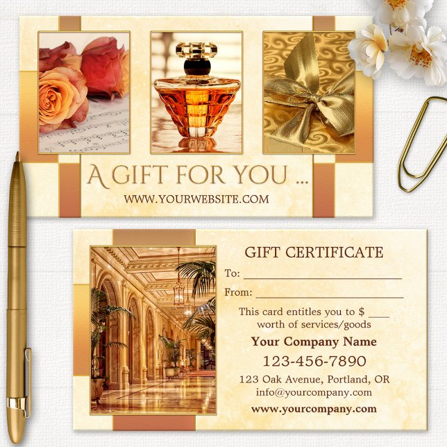 Descuentos Tarjeta de regalo de artículos de lujo para fotos (Gift certificate template featuring your photos on a geometric gold stylized background)