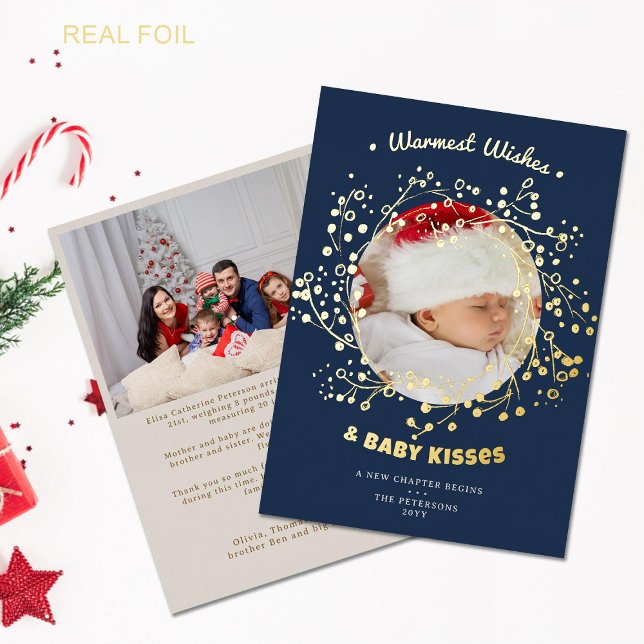 Deseos Cálidos Besos Invitación Bebé Whimsical (baby announcement family holiday christmas card two photos whimsical gold wreath elegant chic navy)