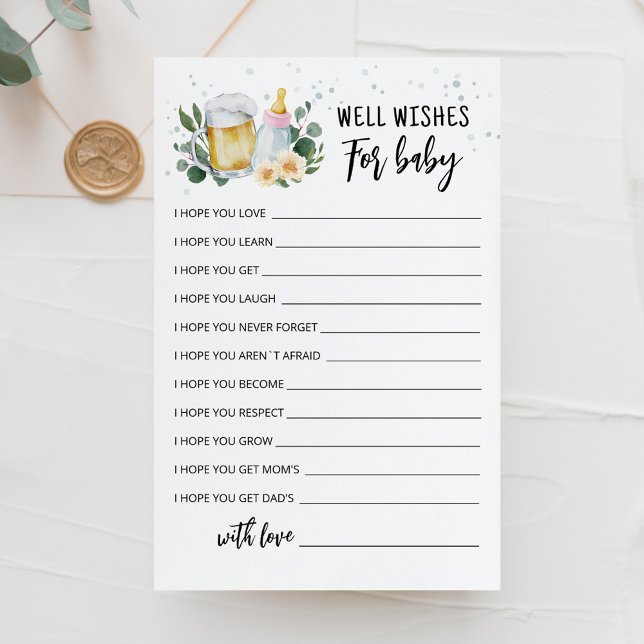 Deseos de Bienvenida para el Bebe tarjeta rosa (Beer and Floral Baby is Brewing Baby Shower Well Wishes for Baby Game Card)