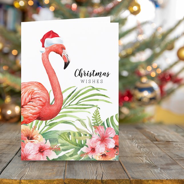 Deseos de Flora de Flamenco de Navidad (Christmas Flamingo Floral Greenery Wishes Holiday Card)