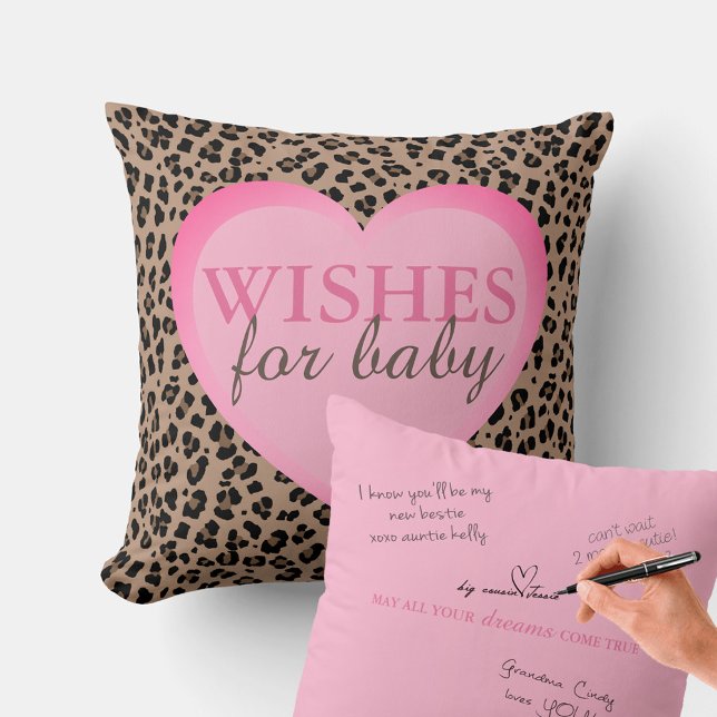 Deseos de la almohada de autógrafos para bebés par (Leopard Baby Shower Wishes for Baby Advice Pillow. Buy a fabric marker and have your guests sign!)