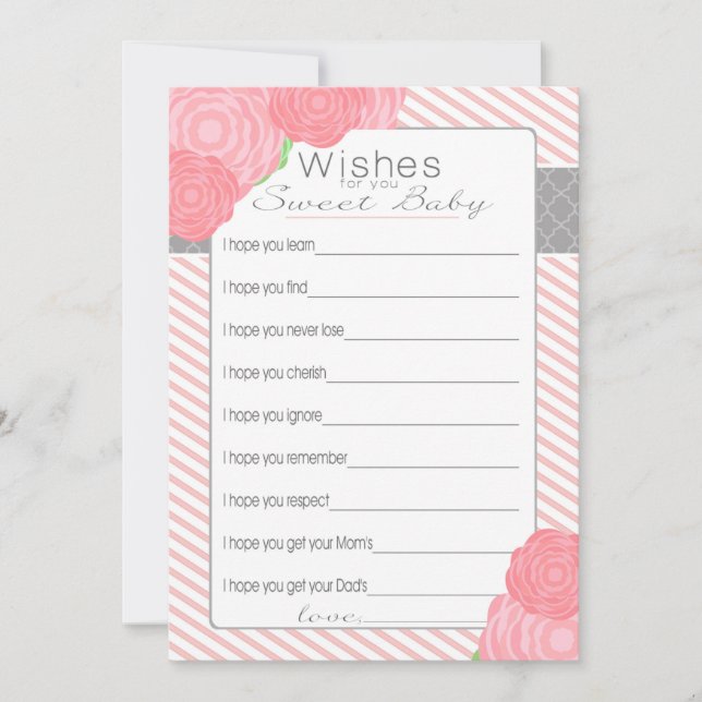 Deseos de la tarjeta Baby Shower. Rosa (Anverso)