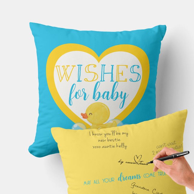 Deseos de pato para la almohada del autógrafo del  (Wishes for Baby Guestbook Signature Pillow for Watercolor Rubber Duck Baby Shower)