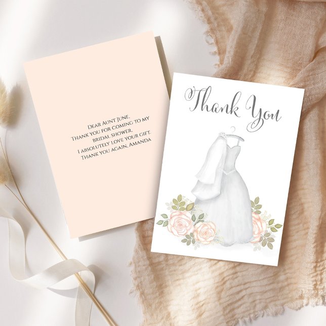 Despedida de soltera agradecimiento vestido de nov (Bridal shower thank you card with elegant white wedding dress. )