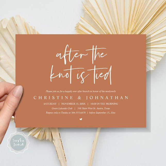 Después de atarse el nudo, Invitación de brunch po (After the knot tied, Modern Post wedding Brunch Lunch Dinner Invitation Card, PDF, Copper Brown)