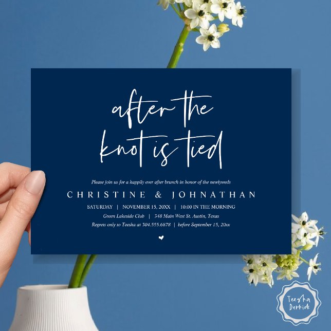 Después de atarse el nudo, Invitación de brunch po (After the knot tied, Modern Post wedding Brunch Lunch Dinner Invitation Card, PDF, Navy Blue)