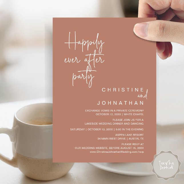 Después de la Boda Felices para Siempre Invitación (Happily Ever After Wedding Elopement Dinner Brunch Lunch Party Invites Card, PDF, Terracotta Brown)