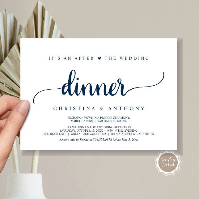 Después De La Cena Boda, La Rústica Invitación De  (It's An After The Wedding Dinner, Elopement Invitation Card, Modern Rustic Script in Navy Blue.)