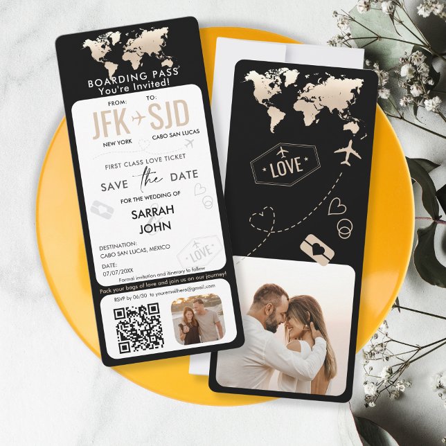 Destino del billete de avión con tarjeta de embarq (black and gold boarding pass save the date with photo and qr code)