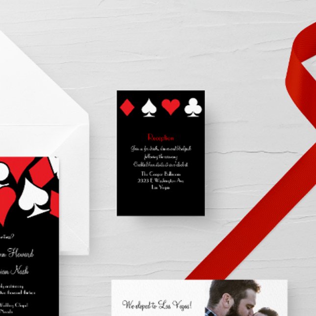 Destino La Recepción De Bodas De Las Vegas Informa (red white and black card suits themed Las Vegas wedding suite reception card)