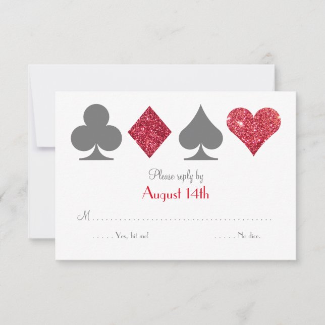 Destino rojo y gris Las Vegas Purpurinas Faux RSVP (Anverso)