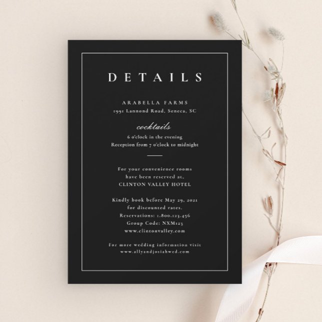 Detalles Clásicos de Boda en Blanco y Negro (Simple Black and White Wedding Details Enclosure Cards.)