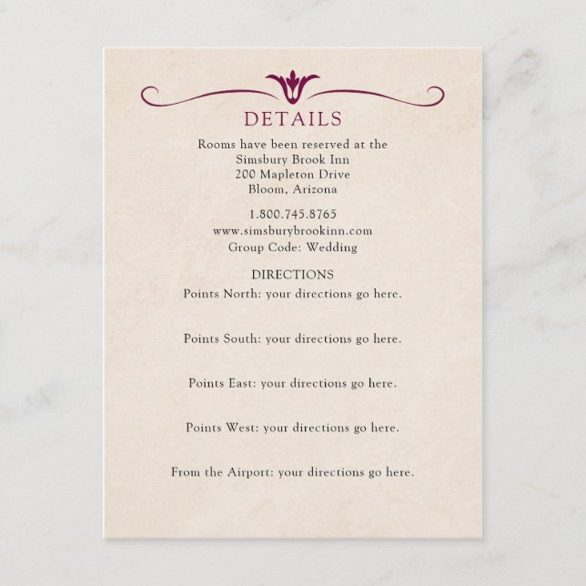 Detalles de Boda Borgoña Tarjeta de Información (Anverso)