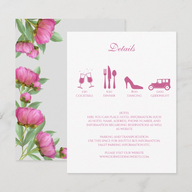 Detalles de Boda de Peonías Invitación (Anverso / Reverso)