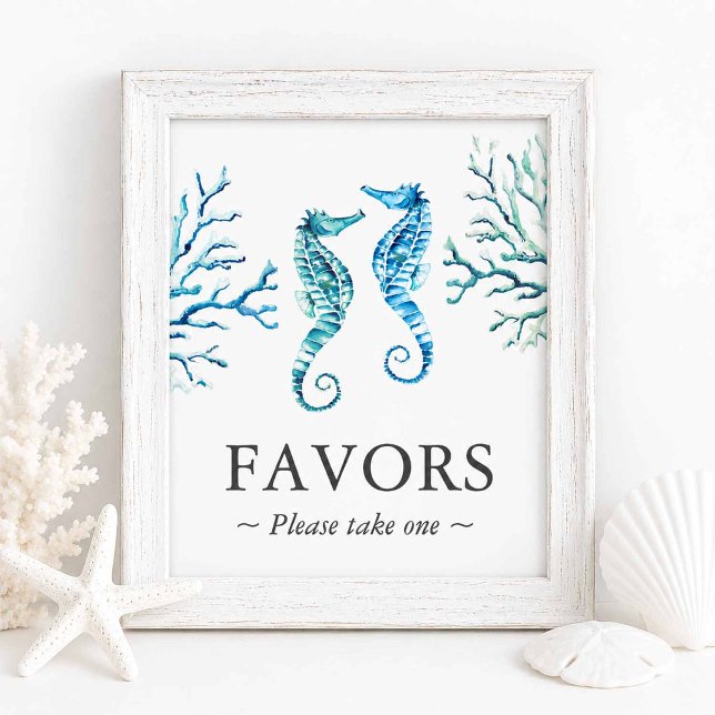 Detalles de boda de playa Señal Caballito de mar (Beach wedding favors sign with watercolor seahorses by Victoria Grigaliunas of Do Tell A Belle)