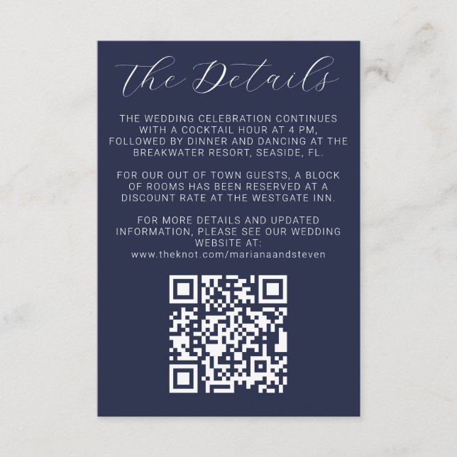 Detalles de Invitación de Boda Azul Marino (Anverso)