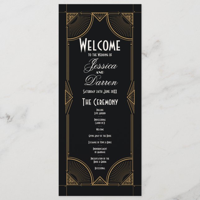 Detalles de la boda de los años 20 Menú Ceremonia  (Anverso)