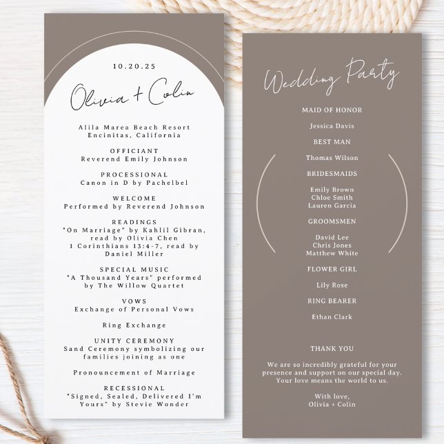 Detalles de la ceremonia de Personalizado del prog (Arched Wedding Program Custom Ceremony Details Taupe Order of Service Personalized Keepsake Elegant)