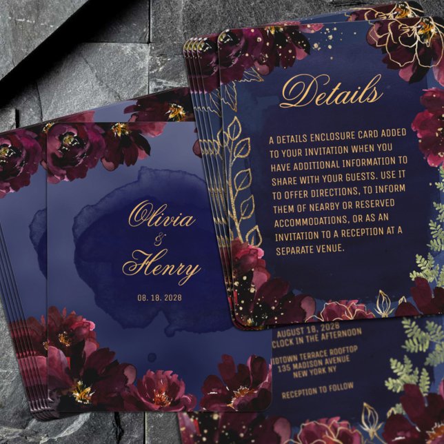 Detalles de la invitación a la boda de la Marina B (Navy Bordeaux Wedding Invitation Details Enclosure Card featuring Navy & Burgundy Florals with Gold)