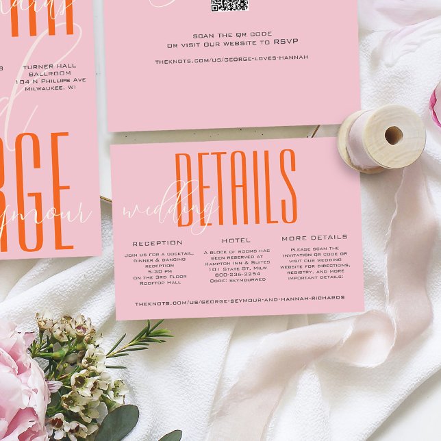 Detalles de la Invitación de Boda Moderna Rosa y N (Modern unique bold pink and orange typography simple colorful wedding invitation custom details card)