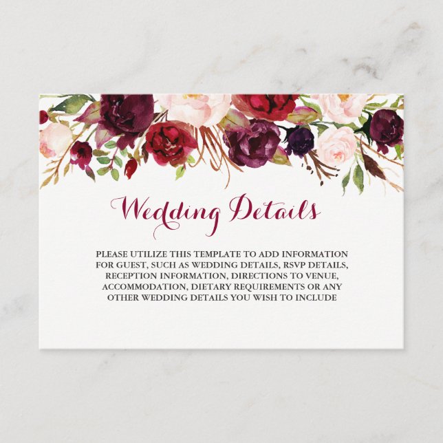 Detalles de la recepción de la Boda Borgoña Floral (Anverso)