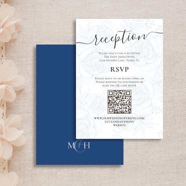 Detalles de la recepción de la boda floral azul (Wedding Reception and RSVP enclosure card with a Scannable QR Code. )