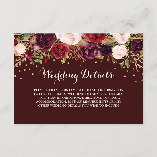 Detalles de la recepción Floral Burgundy Gold Wedd (Anverso)
