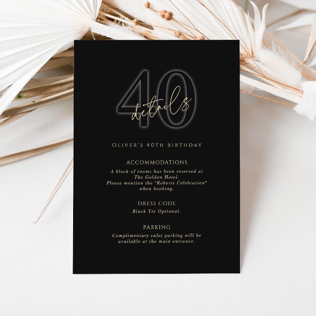 Detalles de la Tarjeta de Cumpleaños 40 de Oro Neg (Modern Black Gold 40th Birthday Party Details Card)
