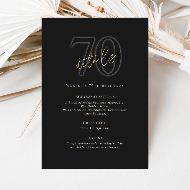 Detalles de la Tarjeta de Cumpleaños 70 Moderno Or (Modern Black Gold 70th Birthday Party Details Card)