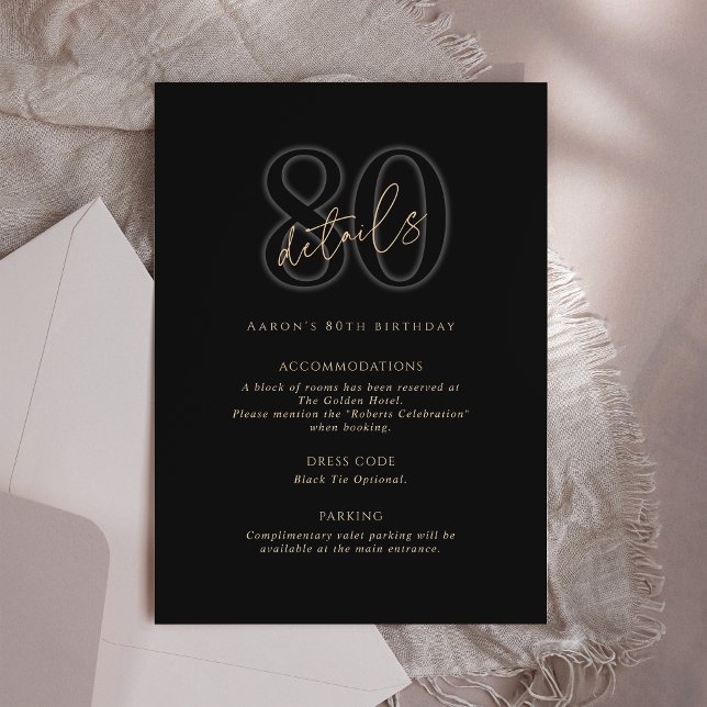 Detalles de la Tarjeta de Cumpleaños 80 de Modern  (Modern Black Gold 80th Birthday Party Details Card)