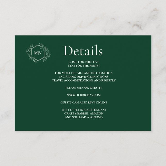 Detalles de la tarjeta de envolvente verde esmeral (Anverso)