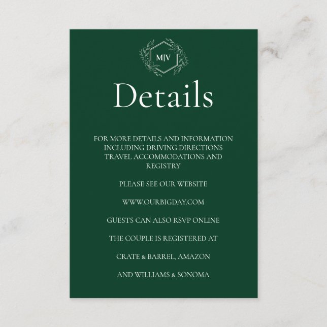 Detalles de la tarjeta de envolvente verde esmeral (Anverso)