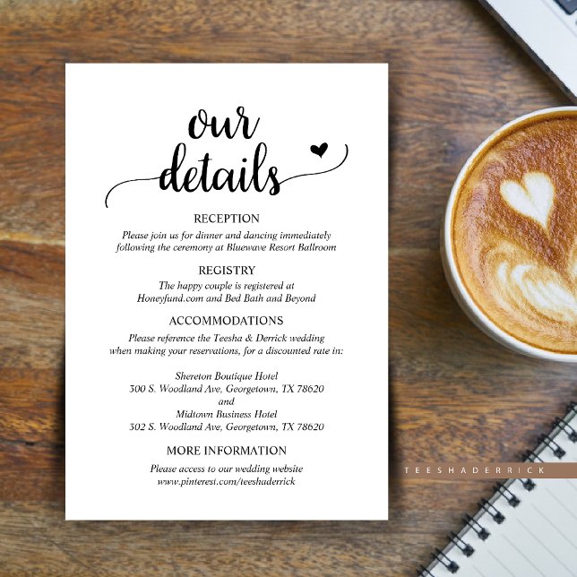 Detalles de nuestro Boda, Tarjeta de Gabinete de S (Our Wedding Details Enclosure Card, Reception, Registry, Hotels and website, in Rustic Script design)