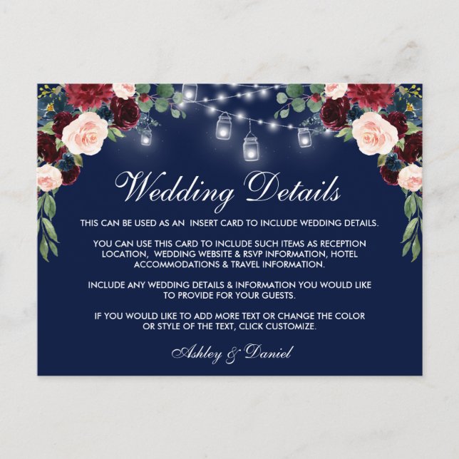 Detalles del Boda Azul Borgoña Insertar Tarjeta B (Anverso)